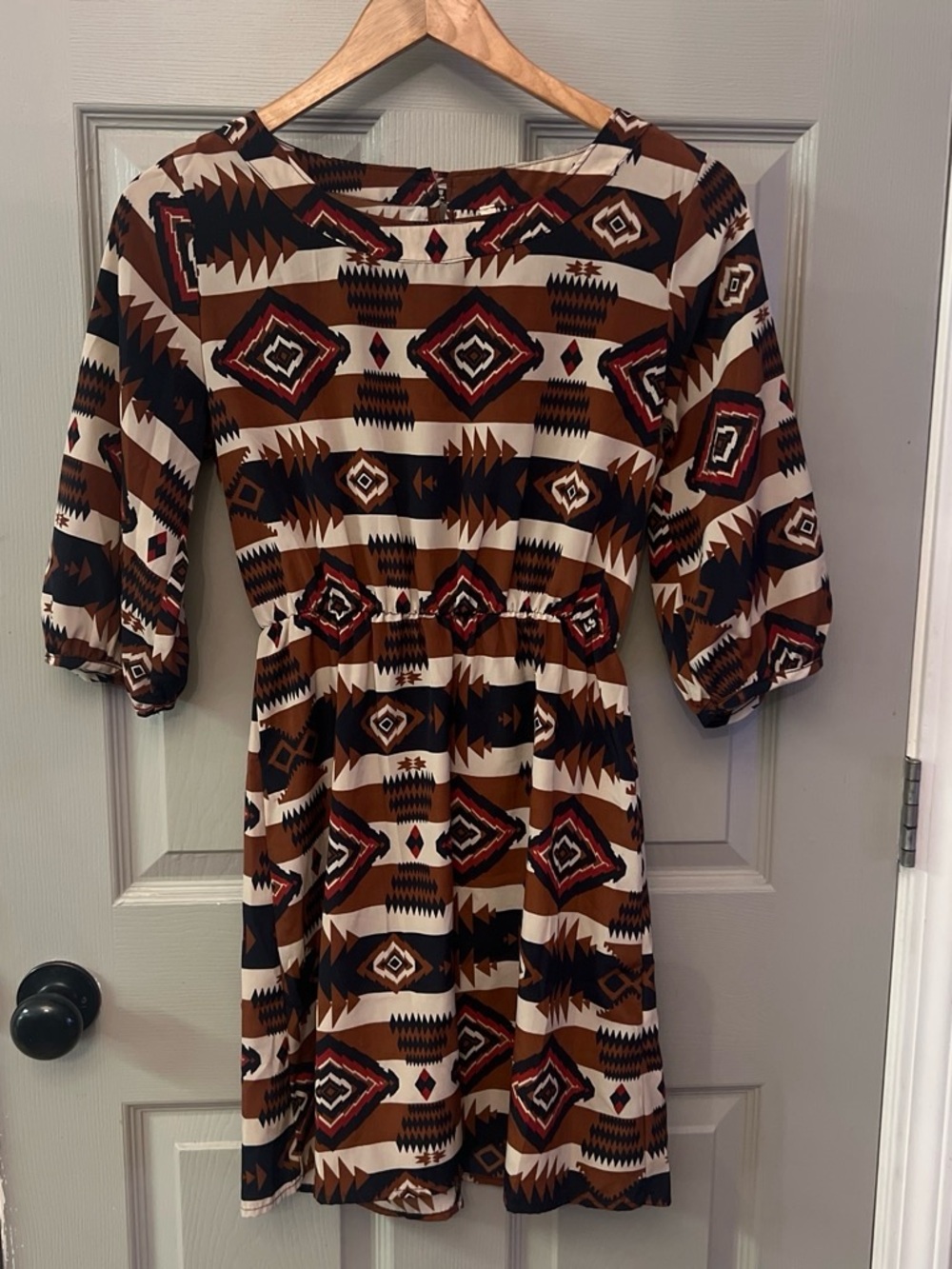 My Beloved Brown Aztec Mini Dress with Red & Black Accents